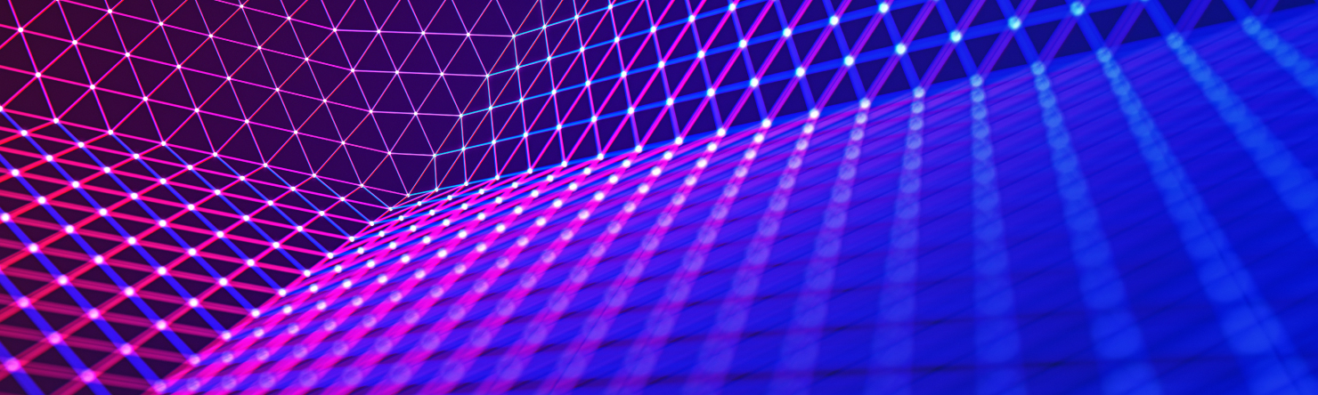Lineare Illustration mit technischen Verknüpfungspunkten und violett-blauem Verlauf.